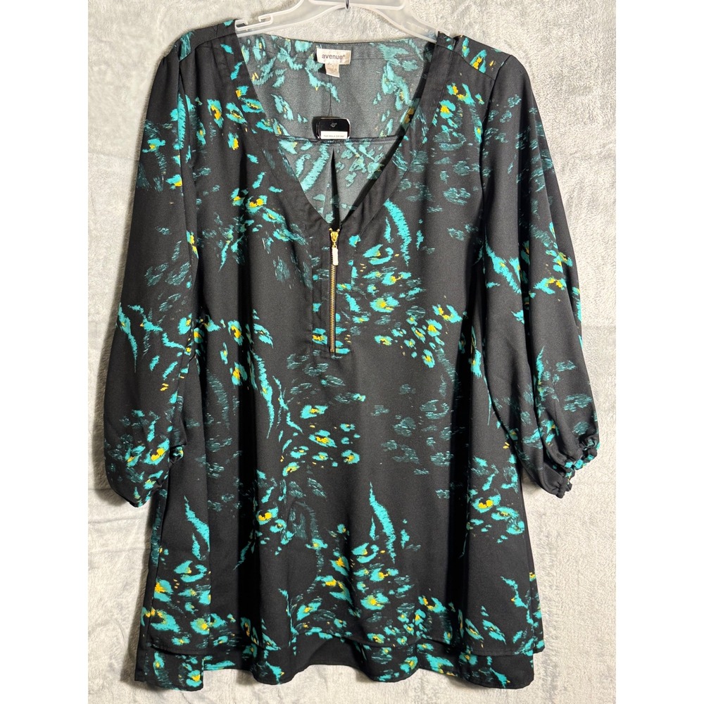 Avenue Women's Black Teal Yellow Print Quarter Tunic Meila zip Top Size 20‎ NEW